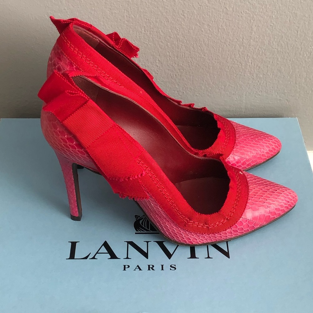 Lanvin Pink Snakeskin Bow Pumps